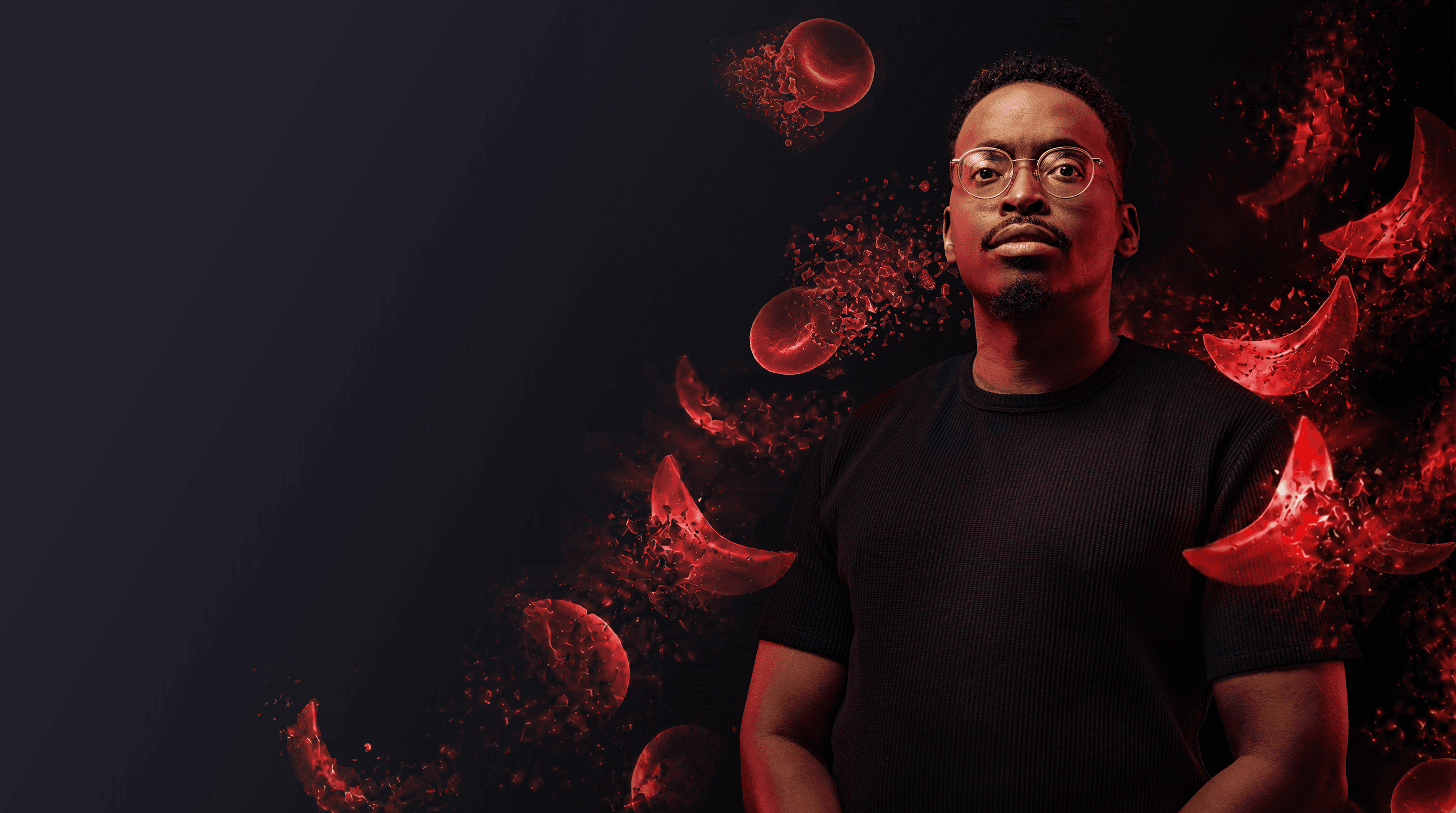 Portrait of sickle cell warrior against red blood cells breaking apart to represent hemolysis in sickle cell disease